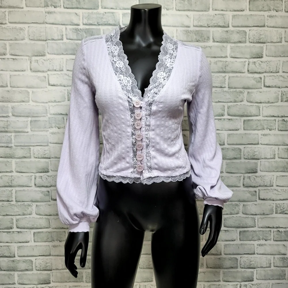 Free People Womens M Run With Me Barely Violet Cropped Cardi Top Waffle Knit